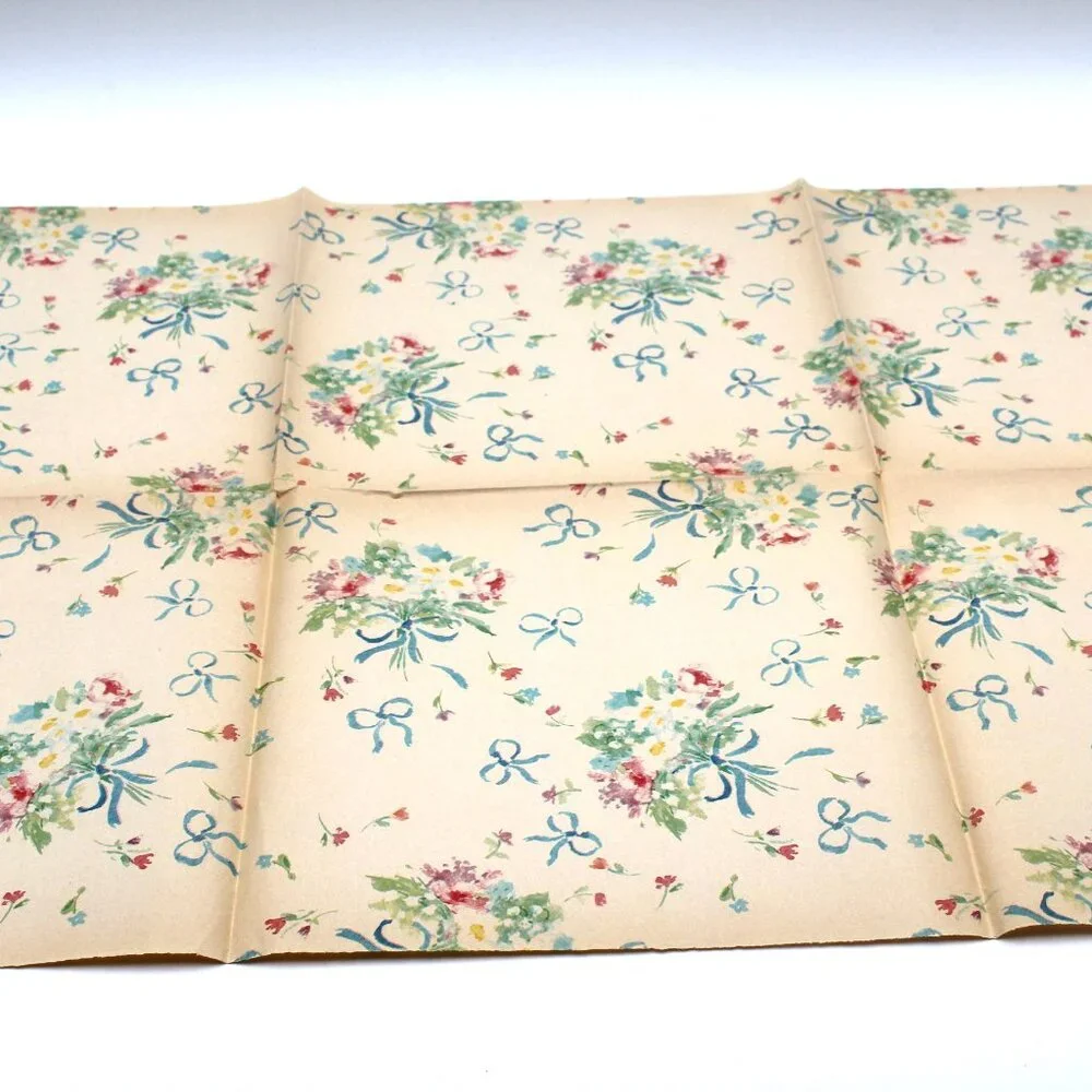 Vintage Colorful Flowers & Blue Bows Gift Wrapping Paper One Sheet 30” X 20”